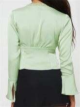 WomenColor Basic Lace Trim V Neck Slim Fit Satin Front Split Tie-up Blouse